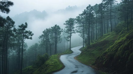 Lonely Indian Hill Station: A misty hill station in India, with winding roads, pine trees, and a sense of solitude in the mountainsの素材