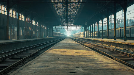Desolate Indian Railway Station: An empty railway station in India, with long platforms, silent tracksの素材