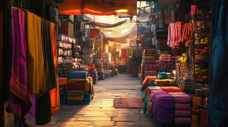 Empty Indian Bazaar at Dawn: The colorful stalls of a traditional Indian bazaar, filled with vibrant goodsの素材