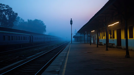 Lonely Indian Railway Station at Dawn: A small railway station in India, with empty platforms and silent trainsの素材