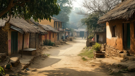 Deserted Indian Village: An empty rural village in India, with traditional mud huts, narrow lanes, and a quietの素材