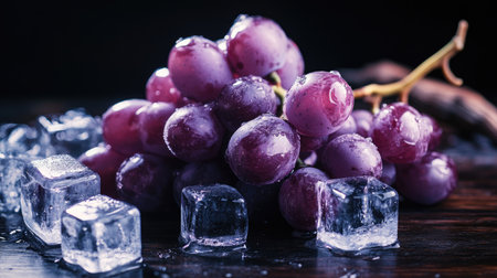 A cluster of fresh purple grapes surrounded by shimmering ice cubes on a dark wooden surface, capturing the contrast betweenの素材
