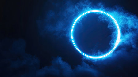 A glowing neon light circle frame floating in the dark blue night sky, creating a futuristic and mystical atmosphereの素材