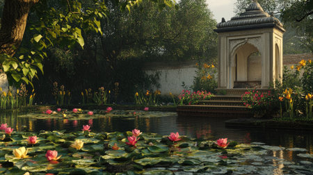 Silent Indian Lotus Pond: A quiet lotus pond in a traditional Indian gardenの素材