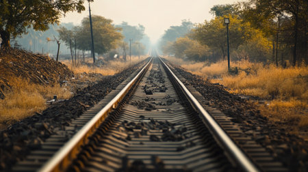 A long stretch of railway tracks disappearing into the distance, with no trains or people in sightの素材