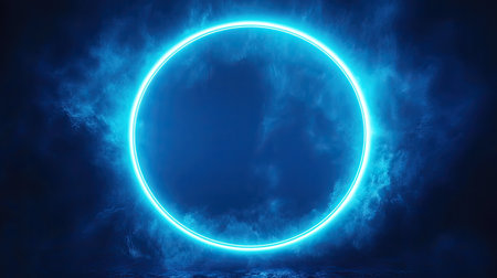 A bright neon circle frame set against the deep blue night sky, glowing with intense light, creating a stunning contrastの素材