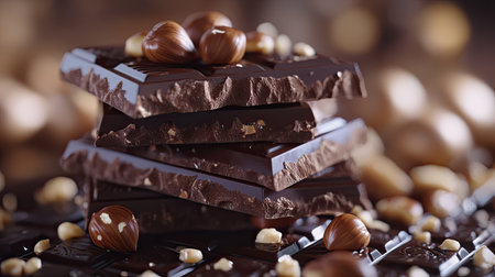 3D animation of dark chocolate bars stacked neatly, with hazelnuts placed on topの素材