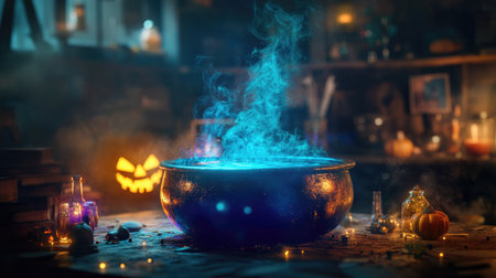 A mystical witch's cauldron bubbling with a magical potion, bathed in eerie lightの素材