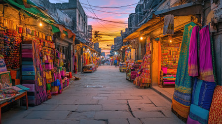 Empty Indian Bazaar at Dawn: The colorful stalls of a traditional Indian bazaar, filled with vibrant goodsの素材