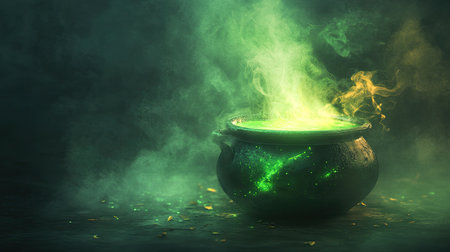 A stock-generated image of a witch's pot with a glowing green brew, surrounded by mist and magical elementsの素材