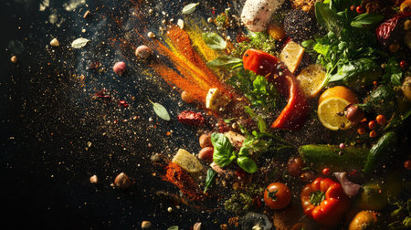 A dynamic burst of colorful spices, herbs, and fresh ingredients suspended in motion against a dark backgroundの素材
