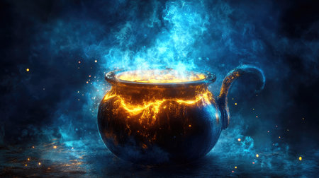 A glowing witch's pot, filled with magical brew, bubbling and emitting a mystical auraの素材