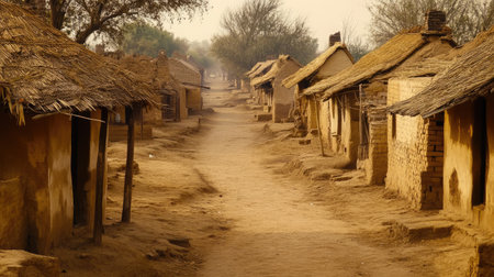 Deserted Indian Village: An empty rural village in India, with traditional mud huts, narrow lanes, and a quietの素材