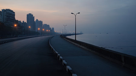 Deserted Mumbai Marine Drive: The iconic Marine Drive in Mumbai, with its sweeping curve along the Arabian Seaの素材