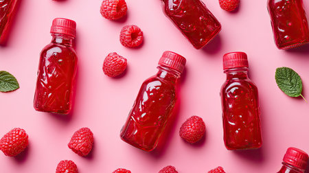 A composition of red liquid bottles with fresh raspberries scattered around, set on a bright pink backgroundの素材