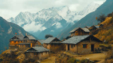 Lonely Indian Mountain Village: A remote mountain village in India, with traditional houses and a sense of isolationの素材