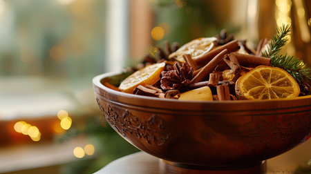 A bowl of aromatic potpourri, featuring warm holiday scents, arranged near the doorway to greet guestsの素材