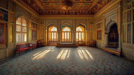 Empty Jaipur Palace Room: A richly decorated room in a Jaipur palace, with ornate furniture and tapestriesの素材