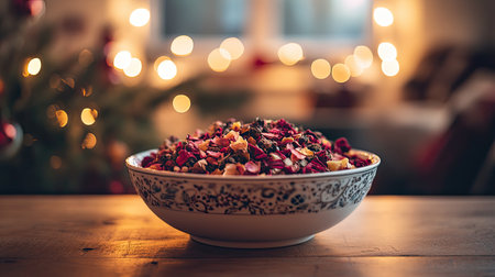 A bowl of holiday-scented potpourri placed near the entrance of a home, surrounded by warm light,の素材
