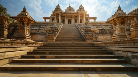 Empty Indian Temple Steps: The long, wide steps leading up to a grand Indian temple, completely devoid of pilgrimsの素材
