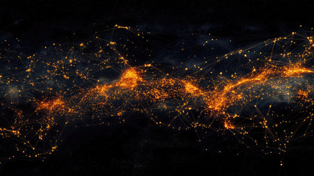 Abstract representation of global network connections, with glowing lines and nodes,の素材