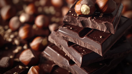 3D animation of dark chocolate bars stacked neatly, with hazelnuts placed on topの素材