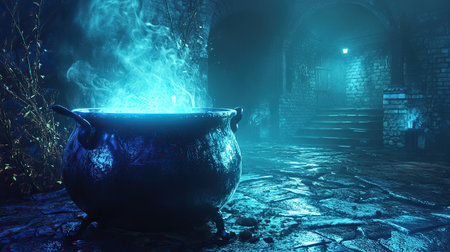 A mystical witch's cauldron bubbling with a magical potion, bathed in eerie lightの素材