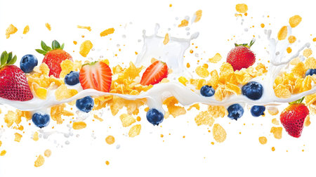 A vibrant mix of corn flakes, blueberries, and strawberries suspended in a flying splash of milk on a white backgroundの素材