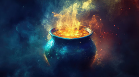 A glowing witch's pot, filled with magical brew, bubbling and emitting a mystical auraの素材