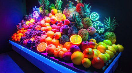 A dazzling display of neon-lit fruits, with each piece shimmering in vibrant colorsの素材