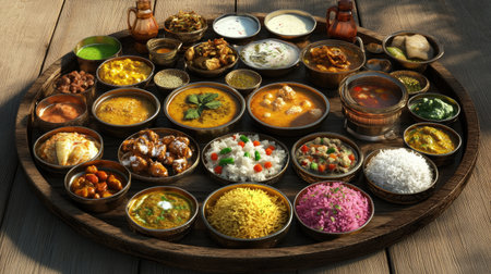 3D animated traditional Indian thali featuring an array of vibrant dishes and rice, beautifully arranged on a rustic wooden tableの素材