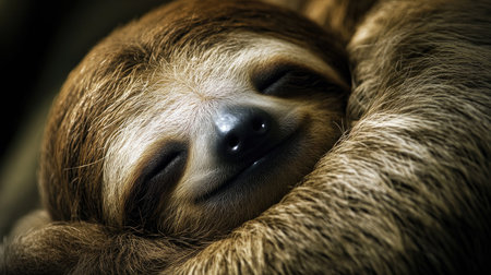 A sleepy sloth captured in a close-up portrait, showcasing its soft fur and peaceful demeanor, with plenty of copy spaceの素材