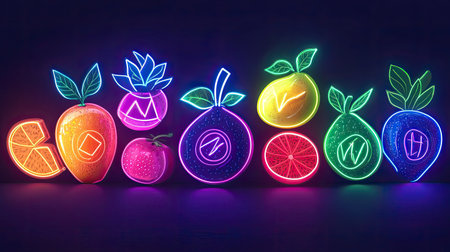 Bright neon fruits with nutrition symbols, each fruit glowing with vibrant colors,の素材