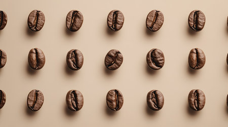 Close-up of coffee beans arranged in an abstract, minimalist pattern, set against a plain backgroundの素材