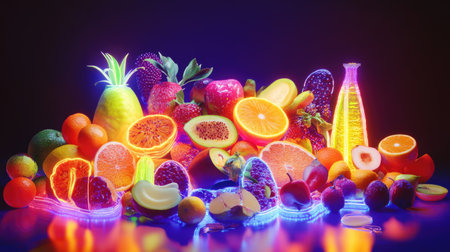 A dazzling display of neon-lit fruits, with each piece shimmering in vibrant colorsの素材