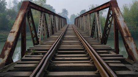 Empty Indian Railway Bridge: A deserted railway bridge spanning a river in rural India, with rusted tracks and a senseの素材