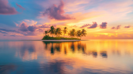 A tranquil scene of a tropical sunset on a secluded island, where the sky meets the ocean in a gradient of warmの素材