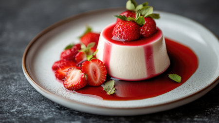 Elegant Strawberry Panna Cotta served on a white plate, with fresh strawberry garnish and syrup drizzleの素材