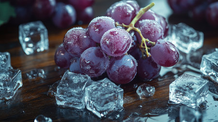 A cluster of fresh purple grapes surrounded by shimmering ice cubes on a dark wooden surface, capturing the contrast betweenの素材