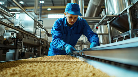 A diligent worker in a blue uniform monitoring the kibble production process in a pet food manufacturing plantの素材