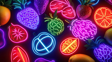 Bright neon fruits with nutrition symbols, each fruit glowing with vibrant colors,の素材