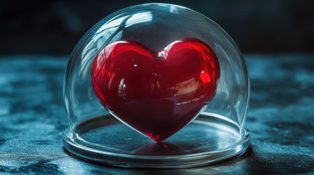 An abstract red heart encased in a clear glass dome, representing fragile love,の素材