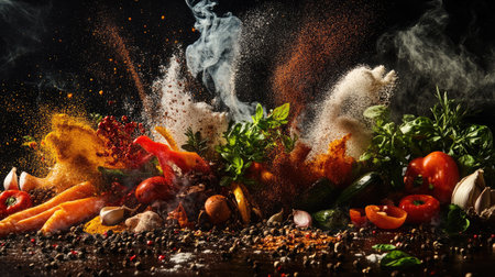A dramatic and colorful explosion of spices, herbs, and fresh ingredients on a dark backgroundの素材