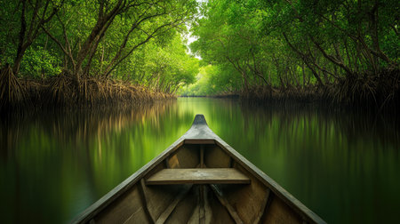 A tranquil journey by rowboat through a dense mangrove forest, where calm waters mirror the surrounding greeneryの素材