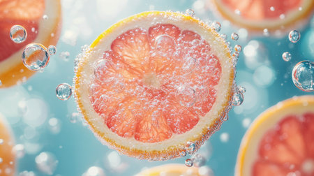 Close-up of pink grapefruit slices floating in bubbly water, with the bright citrus colorsの素材