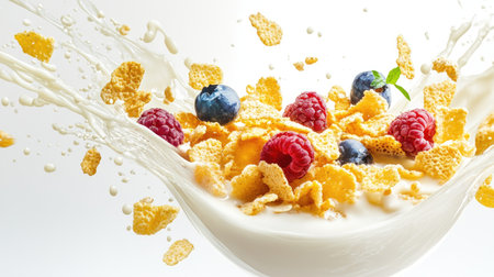 An action shot of corn flakes, blueberries, and strawberries splashing in milk,の素材