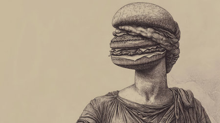 Ancient statue depicted with a burger, merging classical art with modern fast food cultureの素材