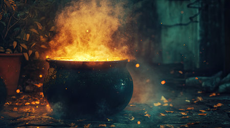 A mystical witch's cauldron bubbling with a magical potion, bathed in eerie lightの素材