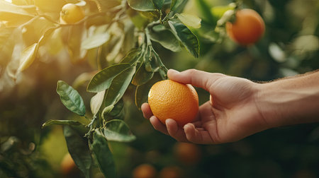 Close-up of a hand reaching out to pick a fresh, ripe orange from a vibrant green tree in summer, capturing the essenceの素材