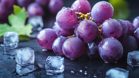 Close-up of fresh purple grapes and ice cubes on a dark wooden surface, highlighting the vibrant colorsの素材